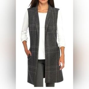 Eileen Fisher 70% Wool Open Long Sleeveless Vest Gray Windowpane Plaid